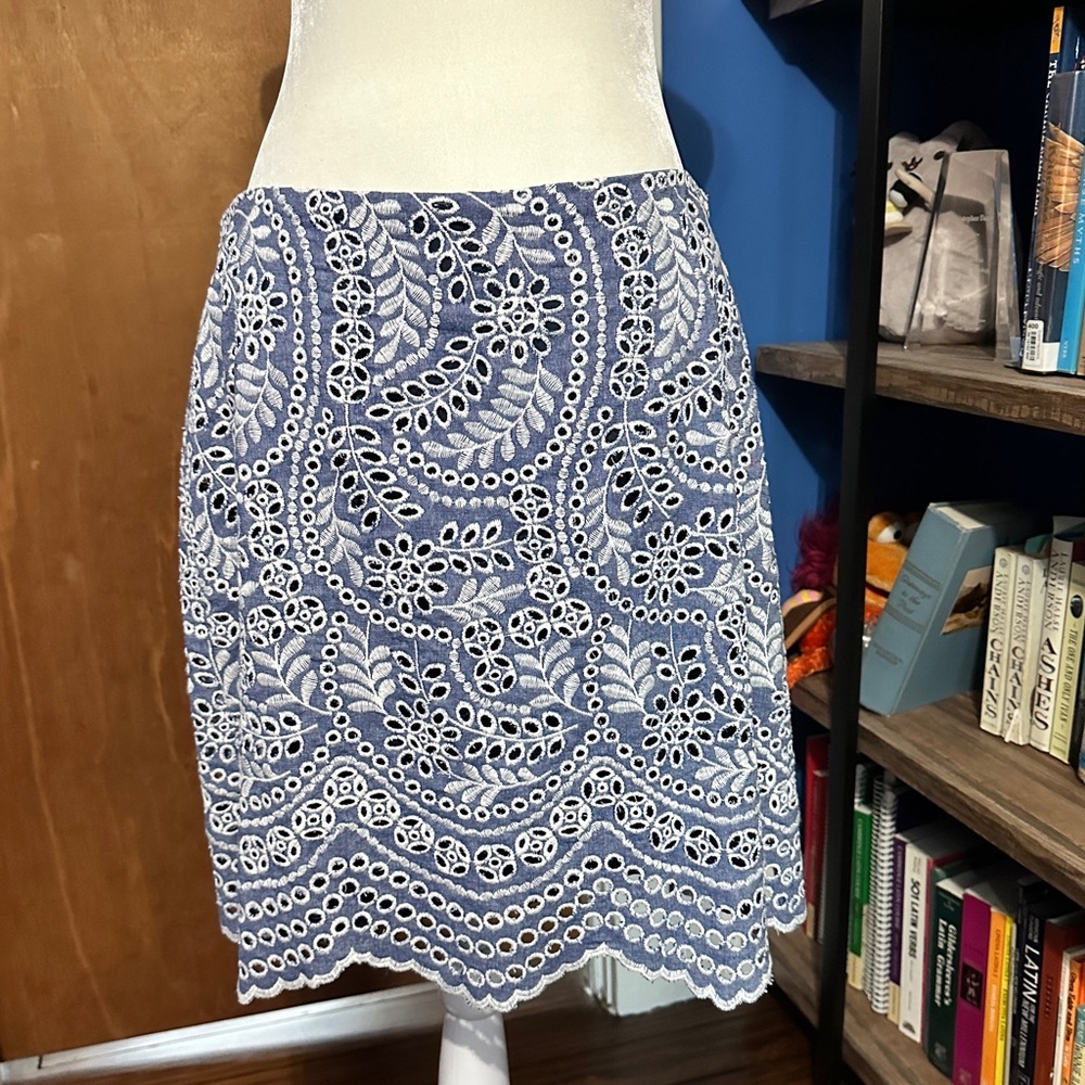 LOFT Blue and White Embellished Pencil Skirt